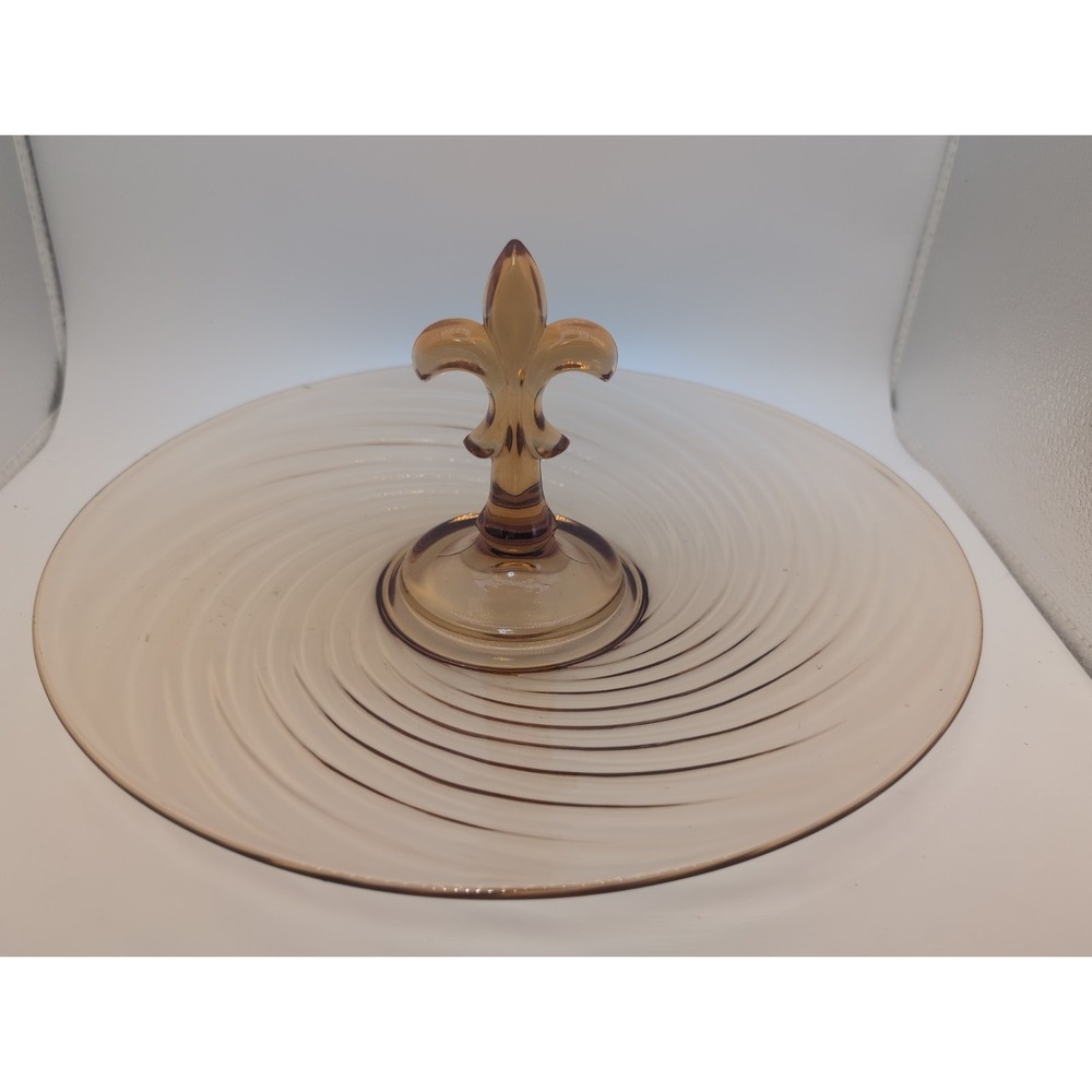Vtg Topaz Amber Swirl Glass FLEUR DE LIS 11.5" Serving Sandwich Plate Dessert